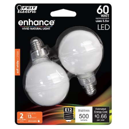 Feit Electric Feit G16.5 E12 (Candelabra) LED Bulb Soft White 60 Watt Equivalence 2 pk BPG1660W927CAF2